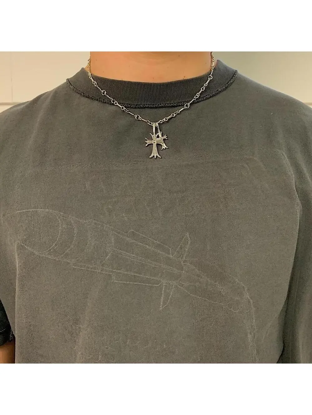 Cyber Vintage y2k style Double Cross Silver Necklace. Rhinestone Cross. 19.5 inc